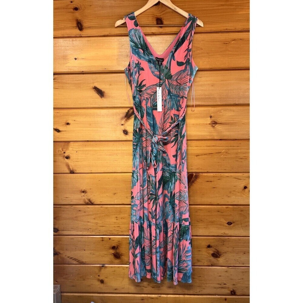 Nicole Miller New York sleeveless Tropical Leaves Print Maxi Dress Tiered Sz 6